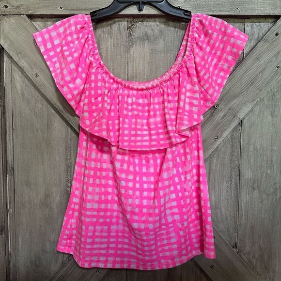 Lilly Pulitzer ruffle top pink white check - Picture 2 of 6